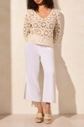 OPEN FANCY CROCHET V-NECK BELL SLV SWTR-COCOMILK