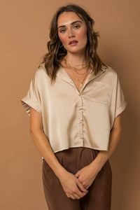 Satin Button Down Blouse-Taupe