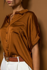 Satin Button Down Blouse-Camel