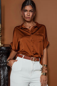 Satin Button Down Blouse-Camel