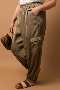 Satin Cargo Joggers-Olive-Curvy