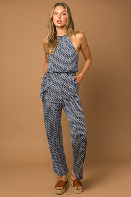 Navy Geo Halter Jumpsuit