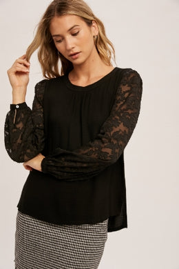 Floral Sleeve Twist Back Blouse-Black