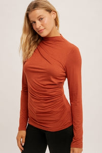 Mock Neck Ruched Top-Rust