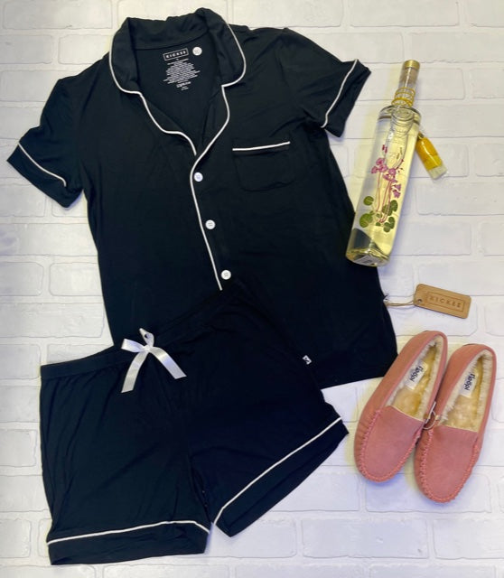 Short Sleeve Collared PJ Set-Midnight w/Natural